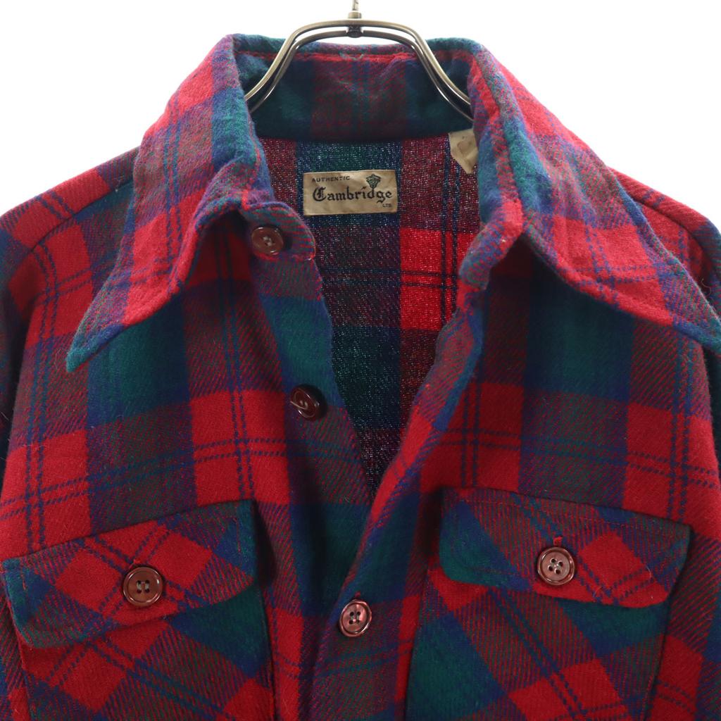 70s vintage Check Pattern Long sleeve Wool shirt L Red Men's Used