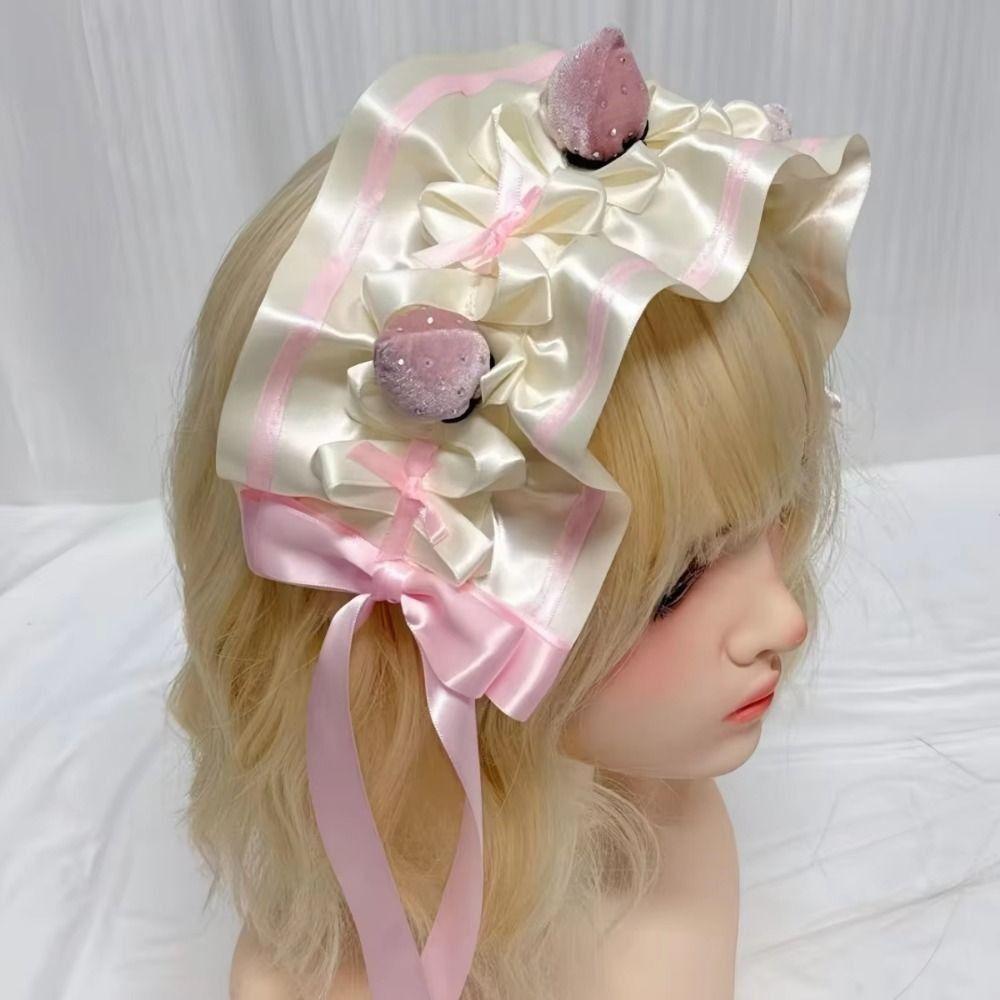 Gothic Strawberry Lolita Headband Handmade Elegant Lolita Bowknot Headdress Ruffled Bowknot Lolita Hair Accessories