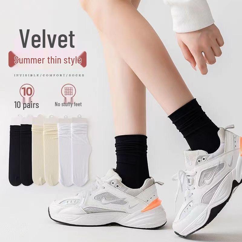 Bingbing Women's Ice Silk Scrunch Socks - Mid-Calf, Thin Style, Trendy White Velvet for Summer