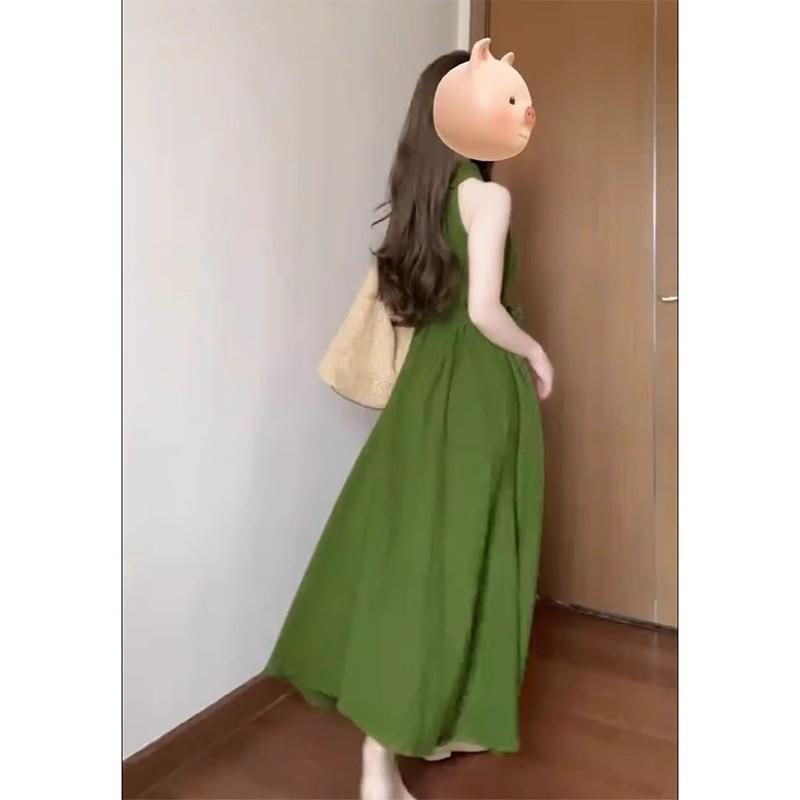 Premium green neck sling dress children's summer new seaside vacation temperament dress