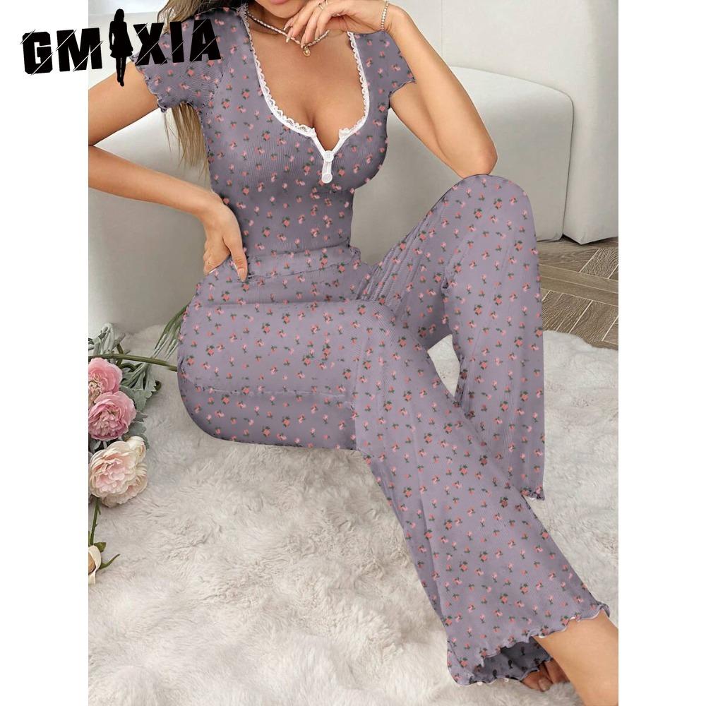 

GMXIA Женская домашняя одежда Сексуальная повседневная модная Сексуальная с коротким рукавом Длинные брюки Пижама Набор из двух предметов XL ритм