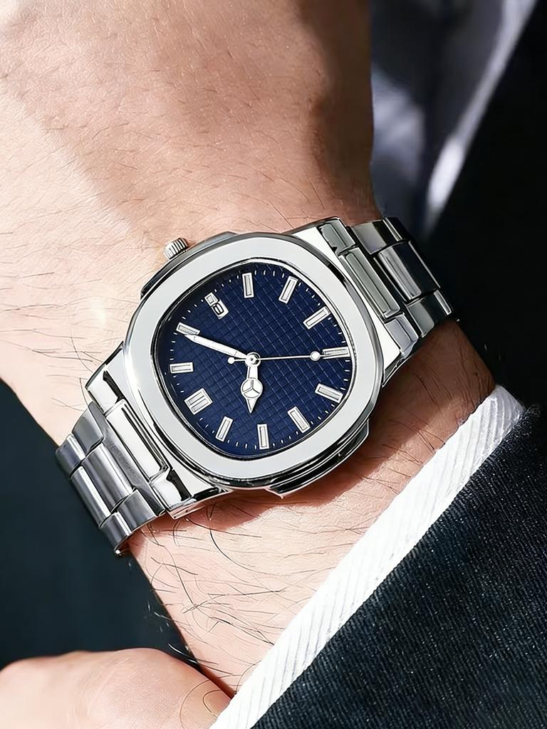 Fashionable Business-Style Quartz Watch Men's Wristwatch with Calendar and Scale Stainless Steel Strap Birthday Gift Timing Function