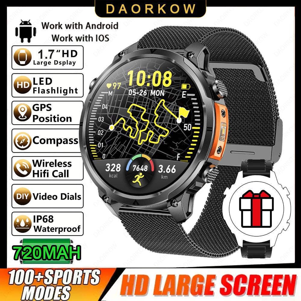 New Men GPS Smartwatch 1.7" HD Screen Military Call IP68 Waterproof 100 Sport Modes Smart Watch with 720mAh Large Battery