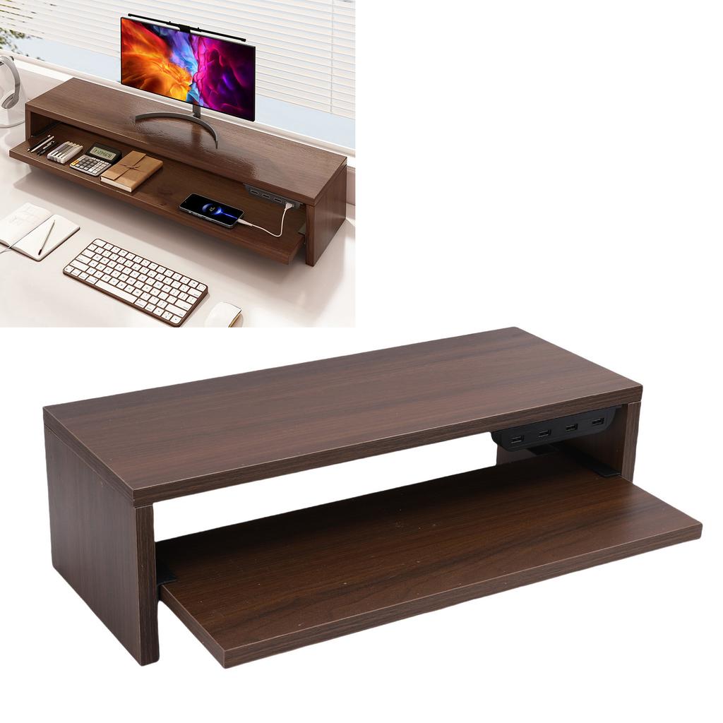Desktop Display Riser with Drawer AC Outlets and USB Port Hub Mobile Phone Charging Laptop Screen Support Stand