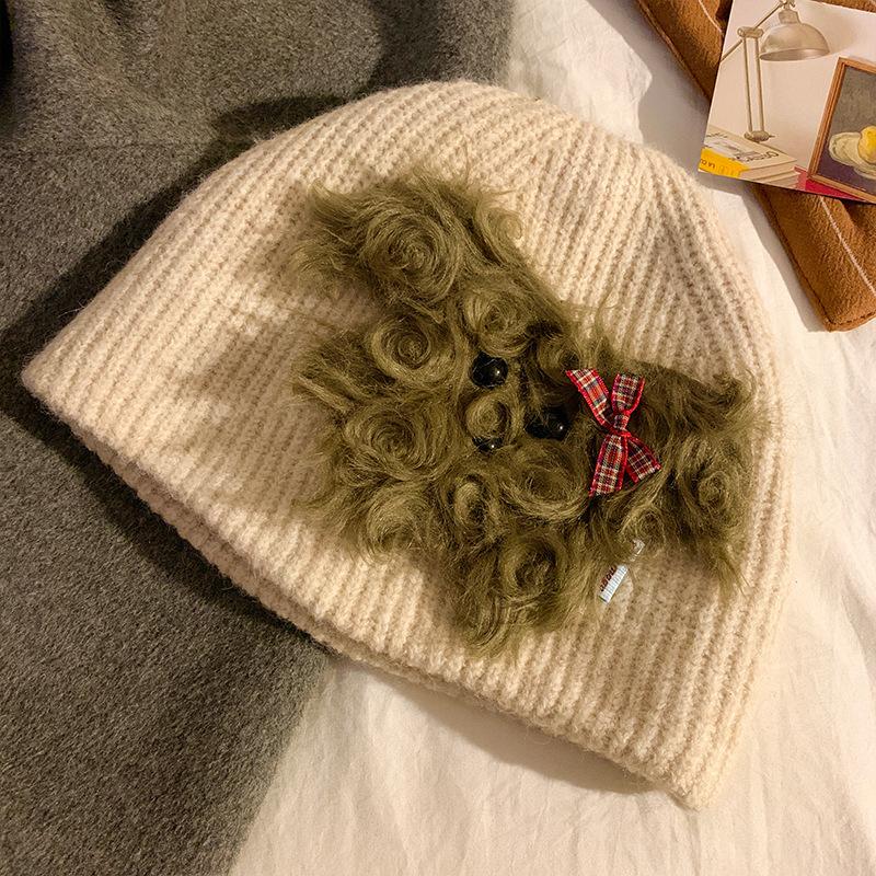 Cute Blush Plush Puppy Red Woolen Hat for Women Autumn and Winter Warm Pullover Hat Versatile Hat Trendy