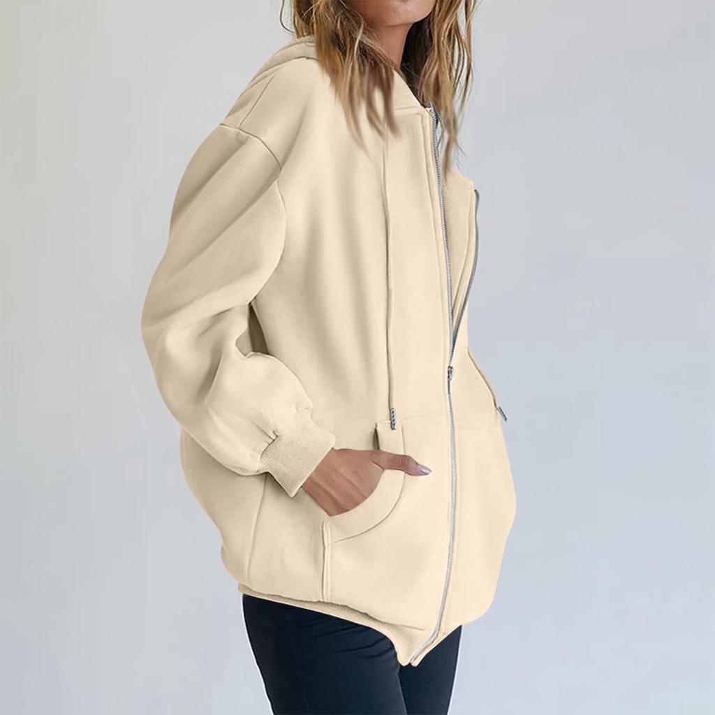 Women's  Fashion Zipper Hoodie Long Sleeve Hooded Pullover Sweatshirt Casual Solid Color Tops With Pockets