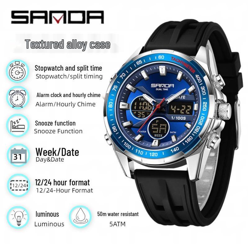

SANDA 50M Waterproof Multifunctional Student Sport Watch with Alarm and Three-Time Zone Display
