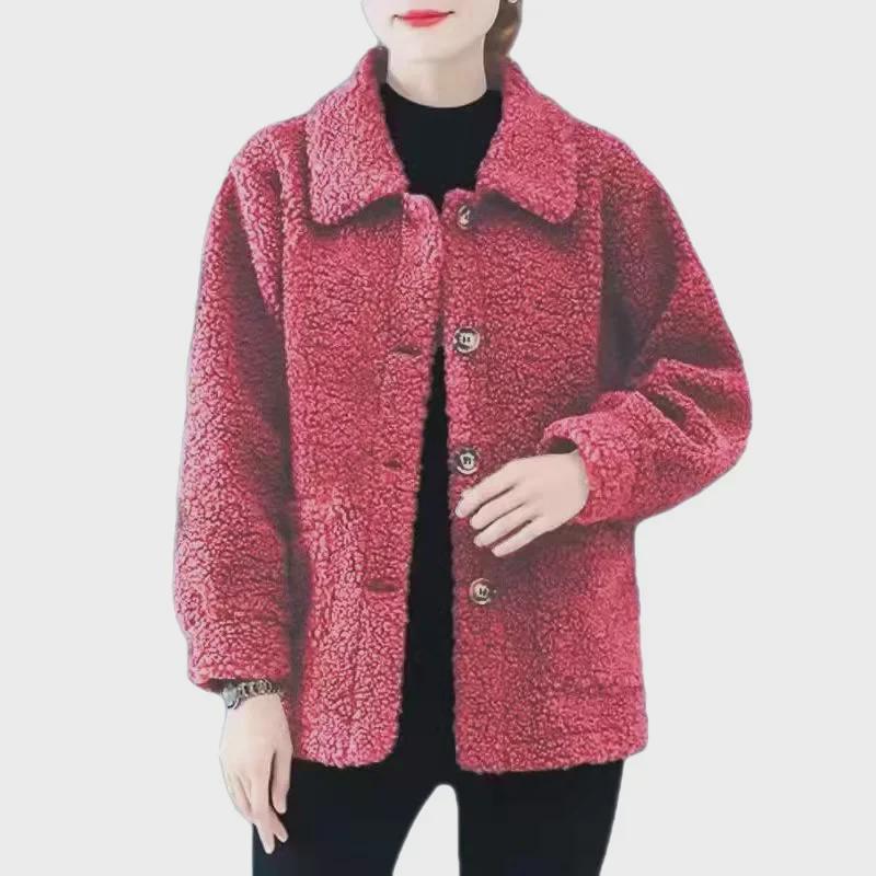 Lambskin Ladies Granular Fleece Cardigan Coat - Autumn/Winter Short Style for Middle-Aged Women