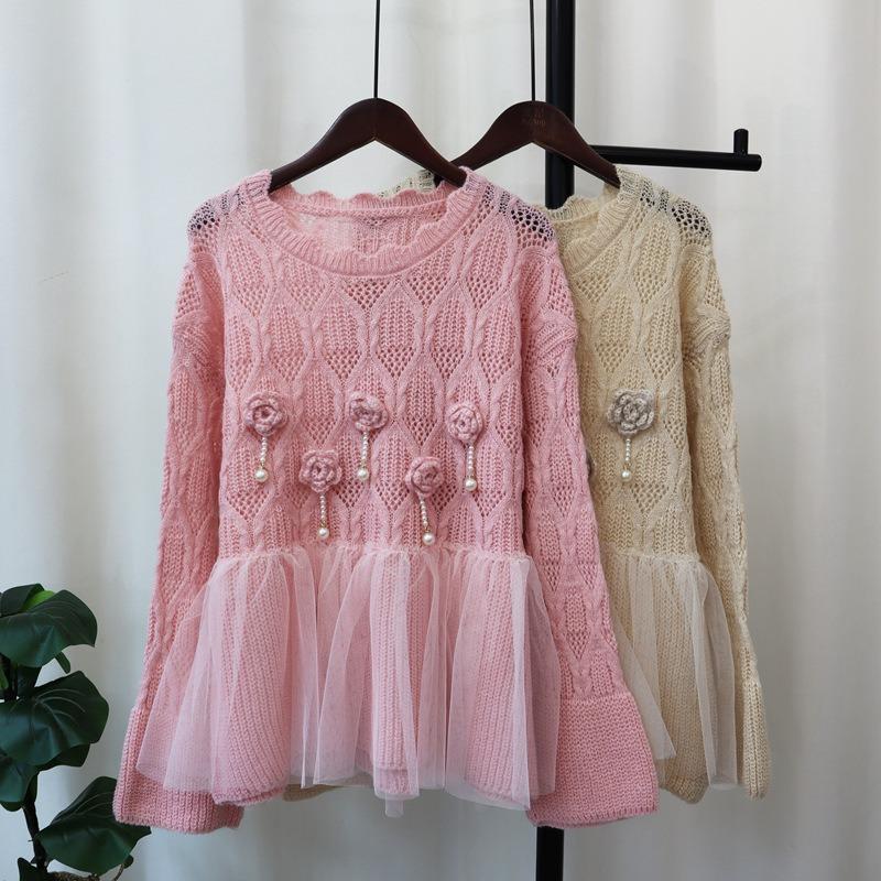 Splicing mesh three-dimensional flower knitted sweater top autumn and winter new design sweet sweater pullover woman