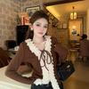 Autumn and Winter French Chic Slim-fitting Ruffle Edge V-neck Black Design Sense Niche Sweater Knitted Sweater Women