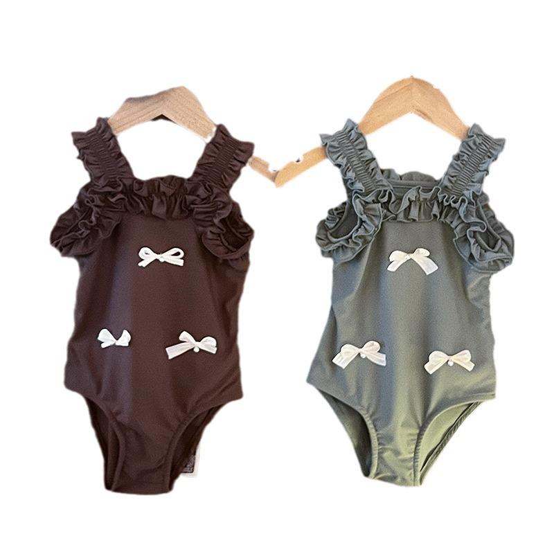 2025 Cute Baby Girl One-Piece Swimsuit with Three Bows and Spaghetti Straps