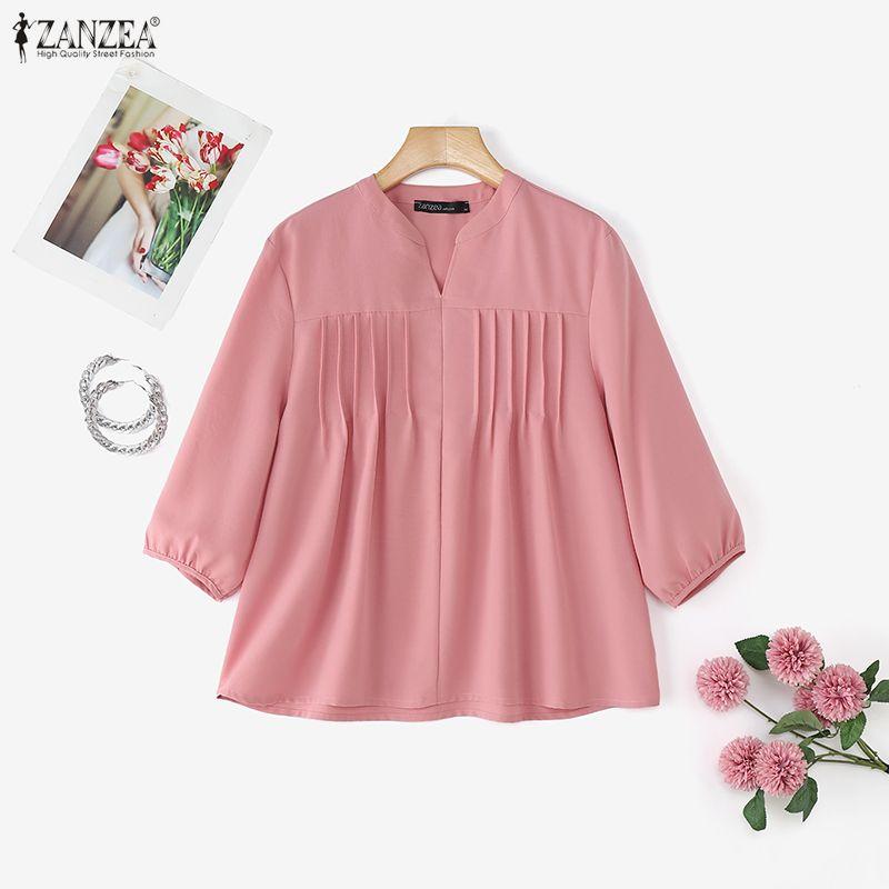 ZANZEA Kobiety Casualowy Okrągły Dekolt Jednolity Kolor Luźna Bluzka z Długim Rękawem