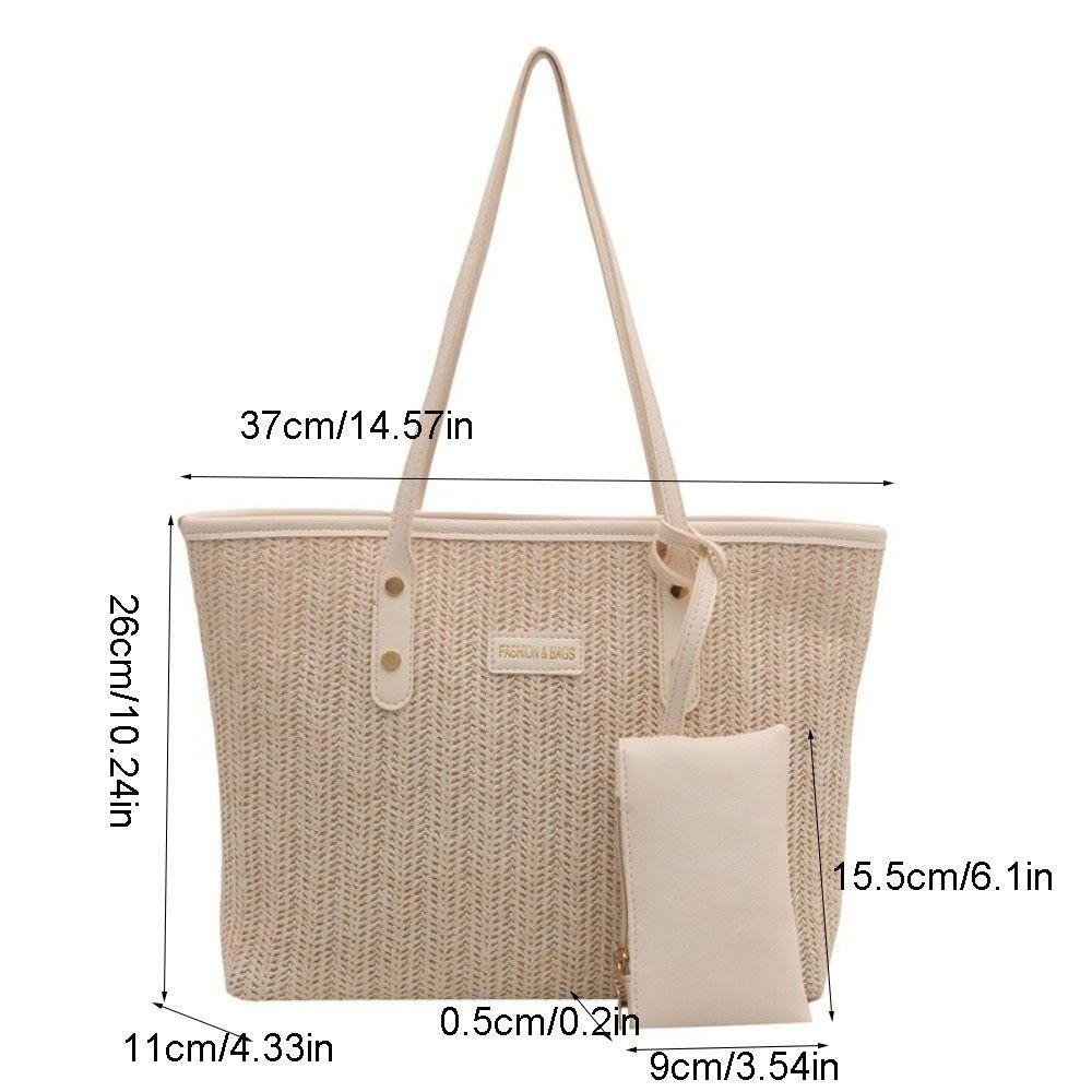 PU Weave Tote Bag Solid Color Beach Straw Handbag Simple Straw Shoulder Bag  Women