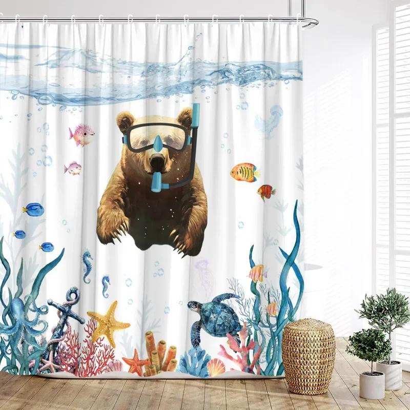 Funny Diving Cat Dog Shower Curtain Cute Cartoon Bathing Animals Sea Turtle Underwater Scenery Kids Bathroom Curtains Decor Set