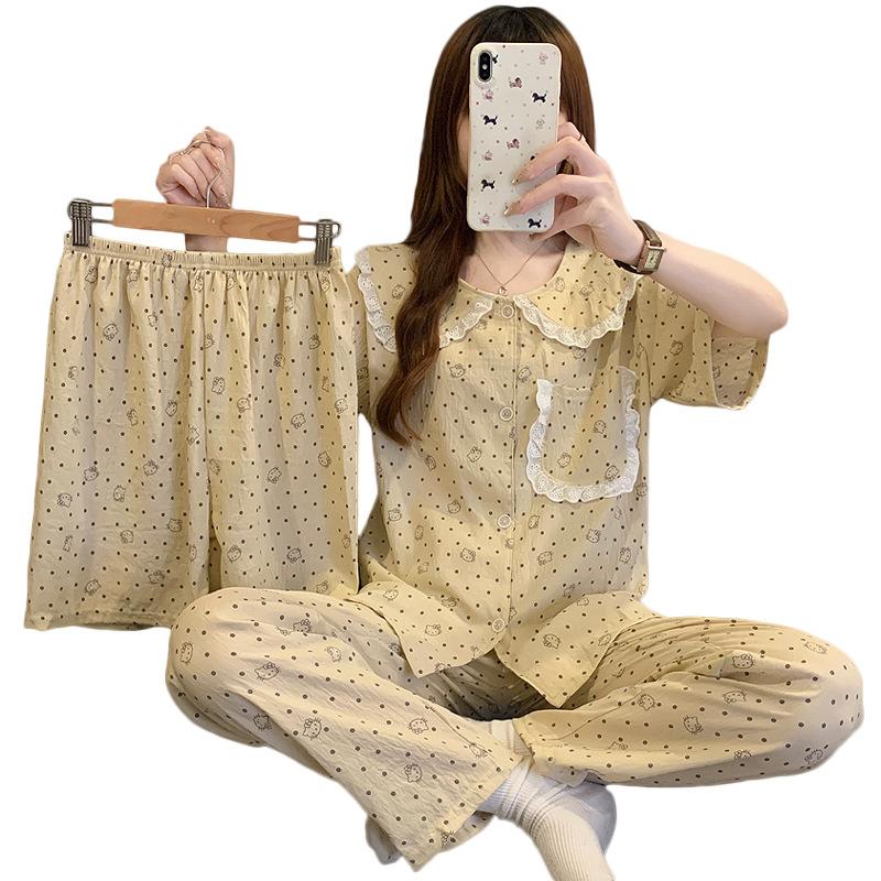 Polka Dot Sweet Lace Doll Collar Cloud Cotton Pajamas Women'S Summer Short-Sleeved Loungewear Three-Piece Set