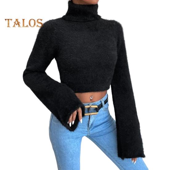 

Женский укороченный свитер с высоким воротником, расклешенный, с длинным рукавом, однотонный, облегающий, повседневный, топы с открытым пупком, трикотаж S чёрный