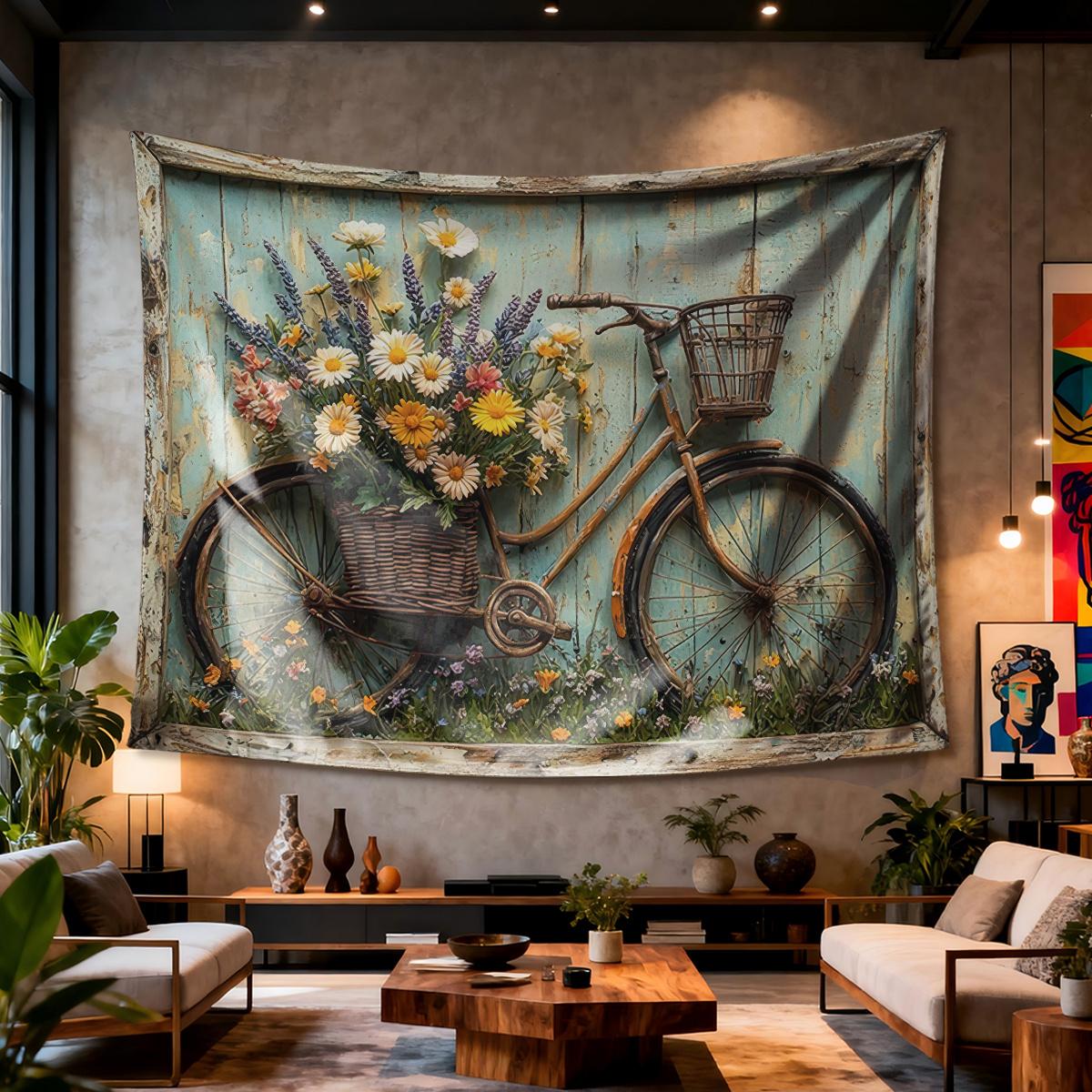 

Vintage bicycle with flower Digital printing polyester wall tapestry suitable for use living rooms bedrooms offices bars party 74x94cm(29x37in)