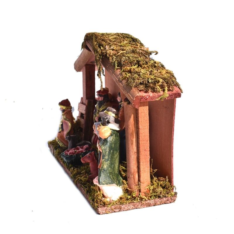 Permanent Religious Birth Manger Display With Oaken Stable And Rosin Figures