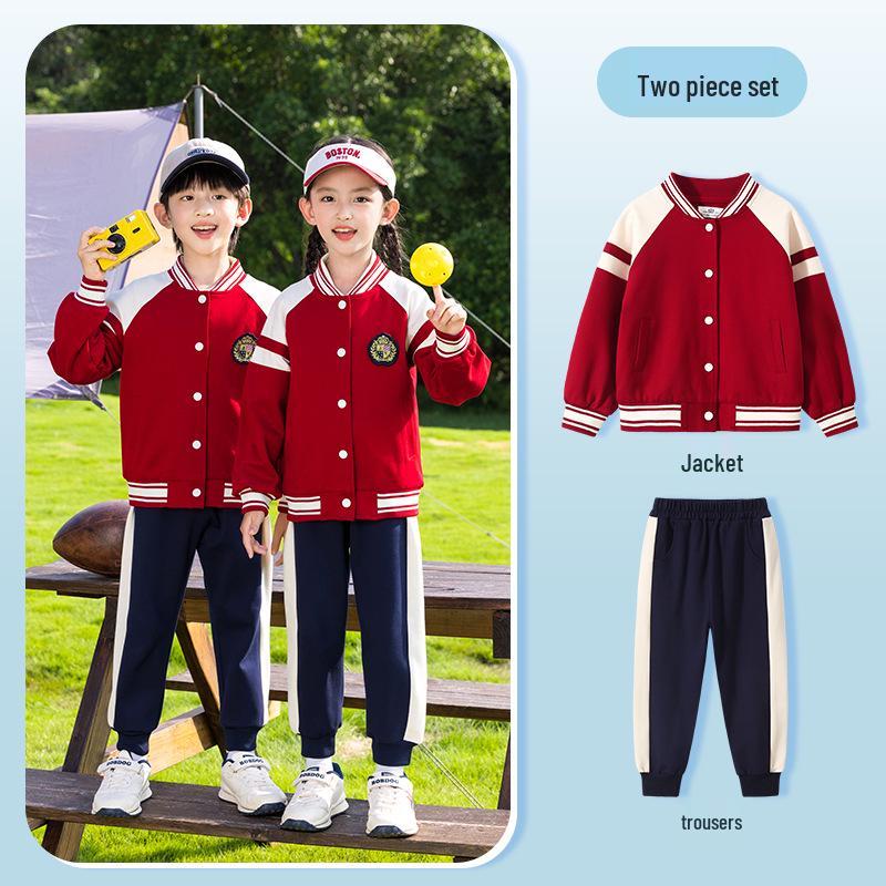 Spring-Autumn Academy-Style Navy Blue Kindergarten & Primary School Baseball Jacket Set