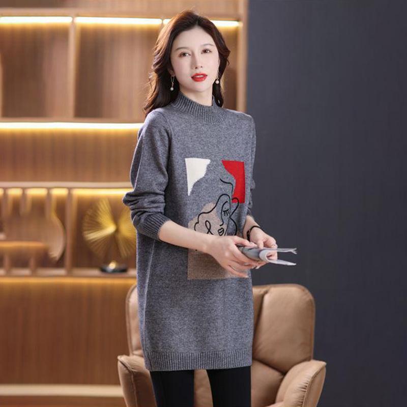 Kleid für Frau Baumwolle Winter Warm Rundhals Langarm Vintage Lässig Bedruckt Lang Stretch Strickpulloverkleider