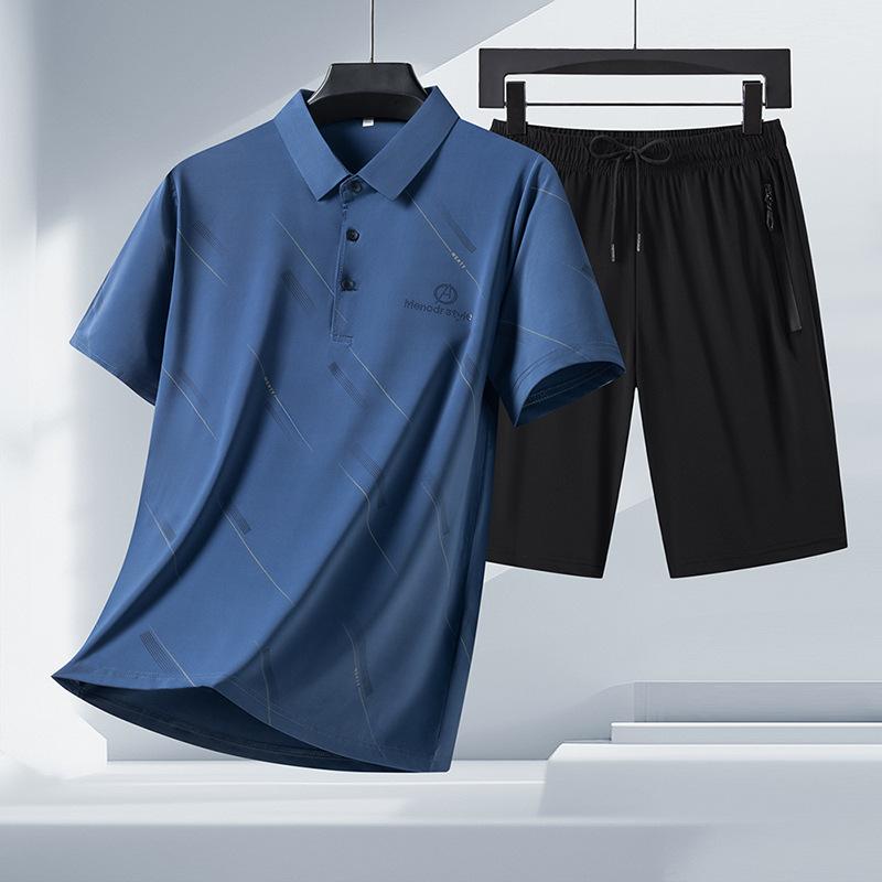 Summer Ice Silk Lapel Polo Shirt Men's Short Sleeved T-shirt Shorts Set Quick Drying