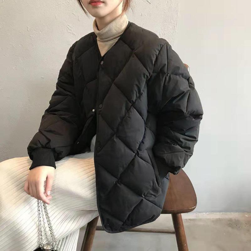 Retro down cotton cotton-padded clothes women's rhombus grid simple and loose casual winter new top women's coat