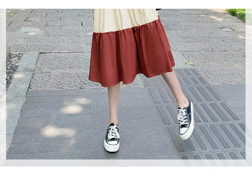 Summer Color Block Short Sleeve Maternity Dress Set - Over-the-Knee Design