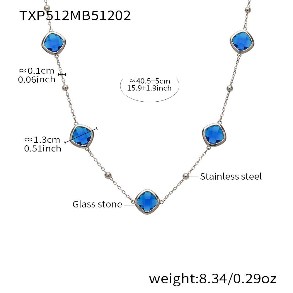 Stylish European & American Stainless Steel Jewelry Set with Square Faceted Glass Stones: Includes Bracelet, Necklace, and Earrings