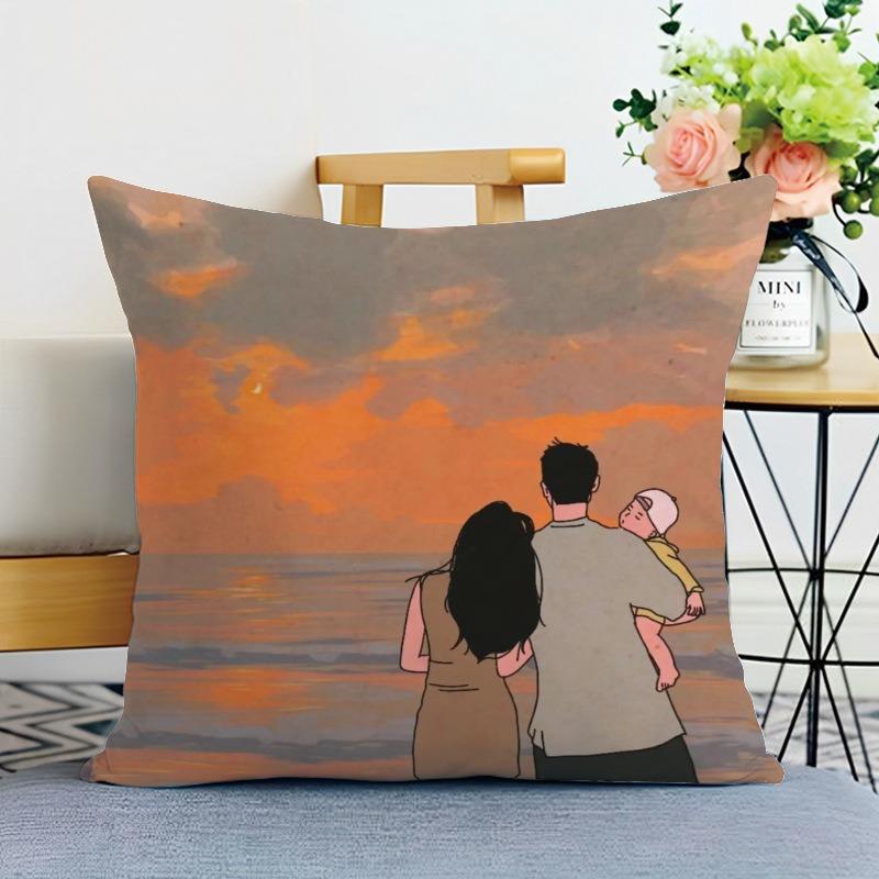Happy Family Print Decorative Pillowcase Bedroom Living Room Square Cushion Pillowcase