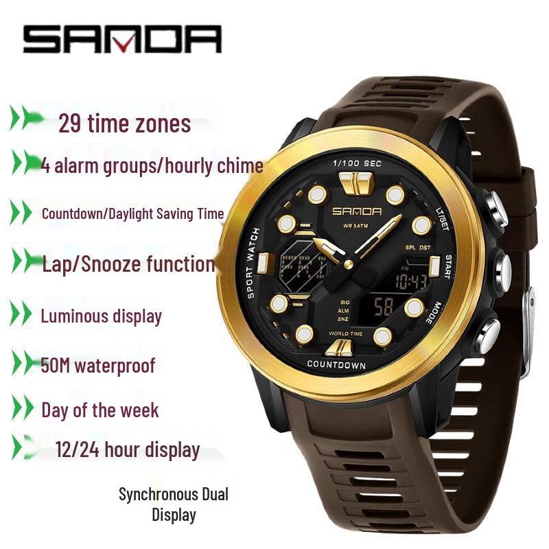 SANDA Multifunction Waterproof Digital Watch with Fluorescent Display, 29 Time Zones, Daylight Saving, 4 Alarms, Student-Friendly