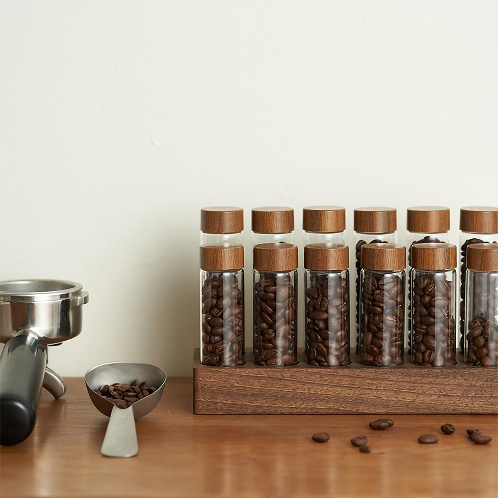 

12pcs Single Dose Coffee Bean Storage Tubes Borosilicate Glass Coffee Bean Cellar Container with Lids Wooden Display коричневый