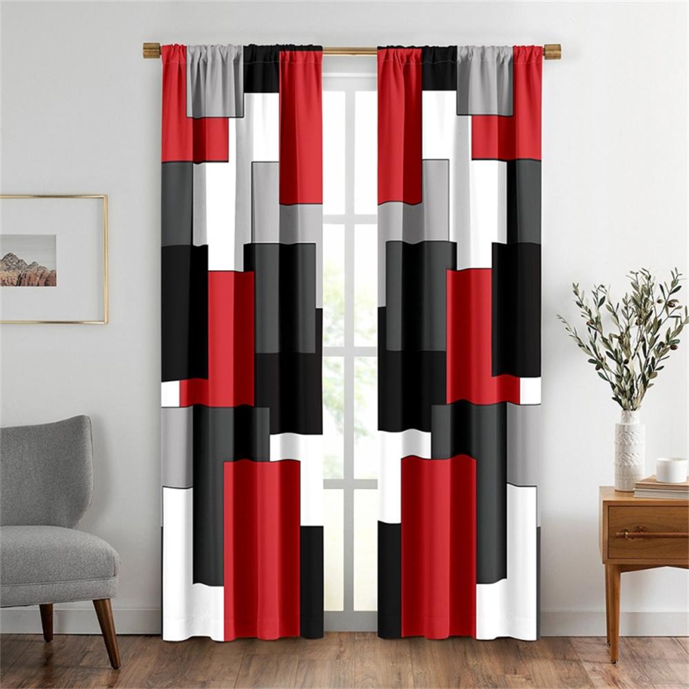 2 Stück Abstrakt geometrische Kunst rot schwarz und grau Modernes Design Lichtfilternde Vorhänge für Wohnzimmer Schlafzimmer Fenster Deko