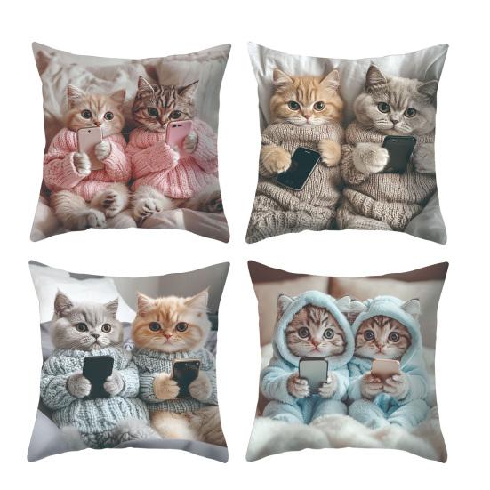 Cute Cat Throw Cartoon Animal Pattern Throw Pillow Cover Printed Cushion Pillowcase for Couch Sofa