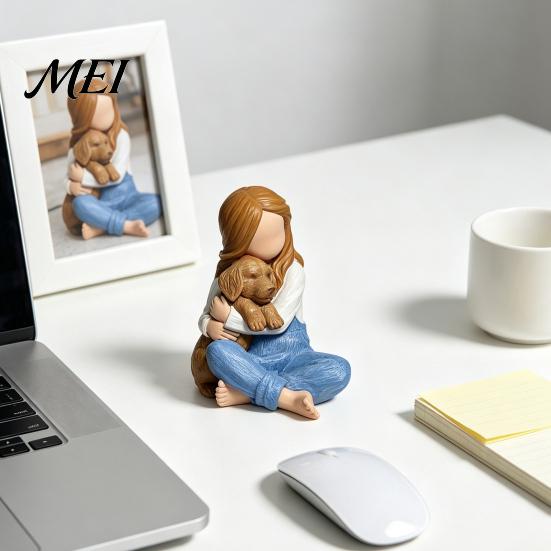Collectibles for Dog Lovers Faceless Girl Hugging Puppy Figurine, Miniature Resin Statue, Cute Desktop Sculpture Ornament Thoughtful Gifts Pet