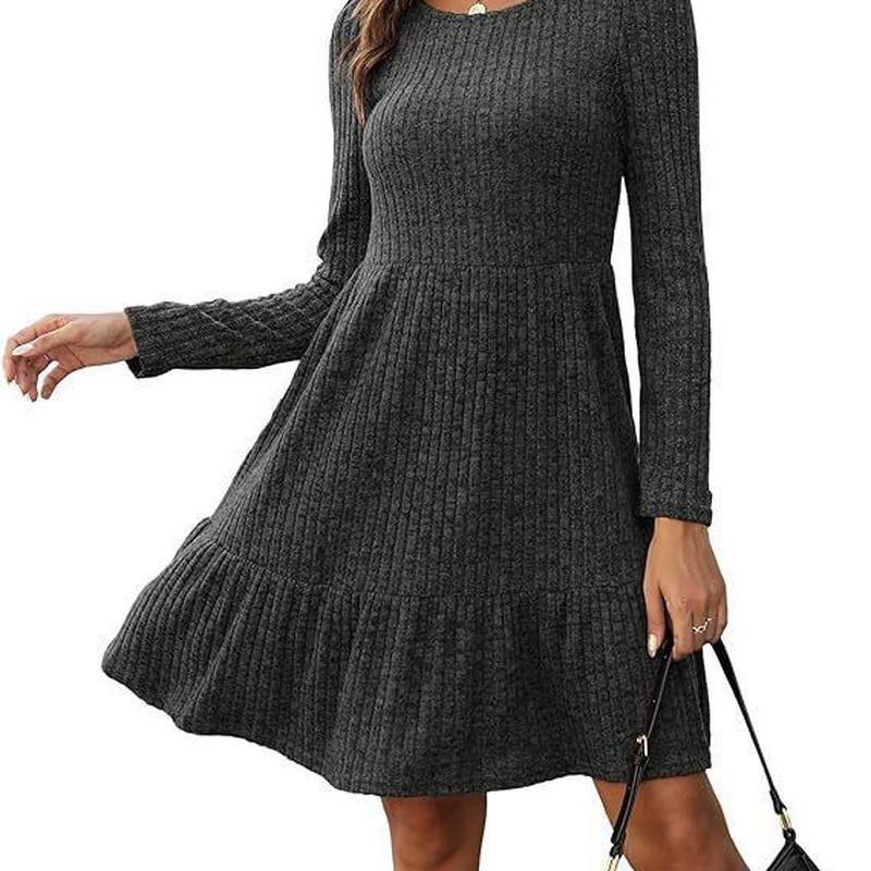 Women's Long Sleeve Ruffle Hem Midi Dress Textured Loose Casual Autumn Vintage Dress