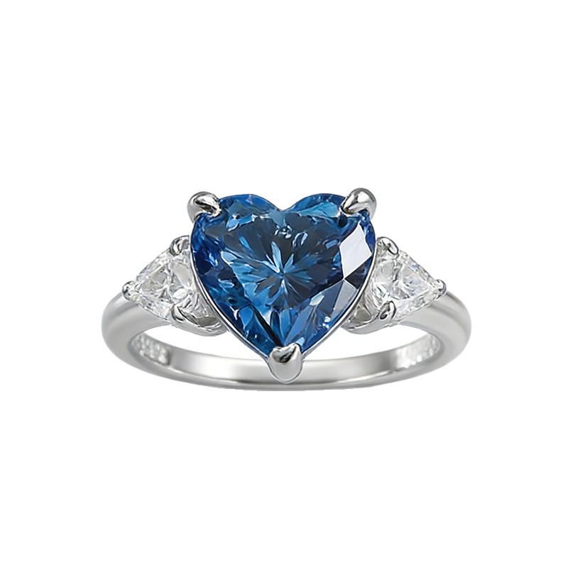 Xiancan Jewelry S925 Silver Heart-Shaped Blue-Gray Diamond Three-Stone Ring