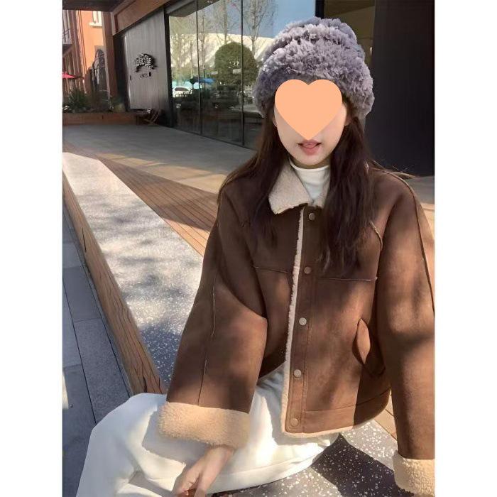 Women s Retro Korean Style Short Lambswool Coat, Thick Fur-Lined Loose Fit for Petite Sizes, Motorcycle Jacket M