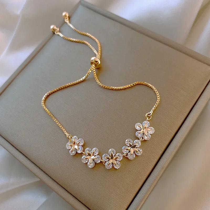 New Fashion Zircon Flower Adjustable Bracelet for Women Elegant Love Heart Butterfly Round Shiny Wedding Bracelet Jewelry Gift