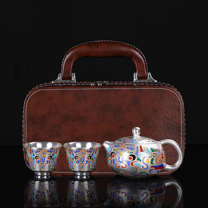 Handcrafted Dunhuang Silver-Plated Tea Set: Portable Kung Fu Gift Box Souvenir
