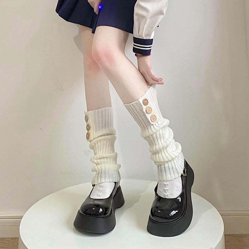 Lolita Buttons Leg Warmers Women Knitted Jk High Knee Socks Female Jk White Black Loose Boot Stockings Jk Girls Leg Warmers
