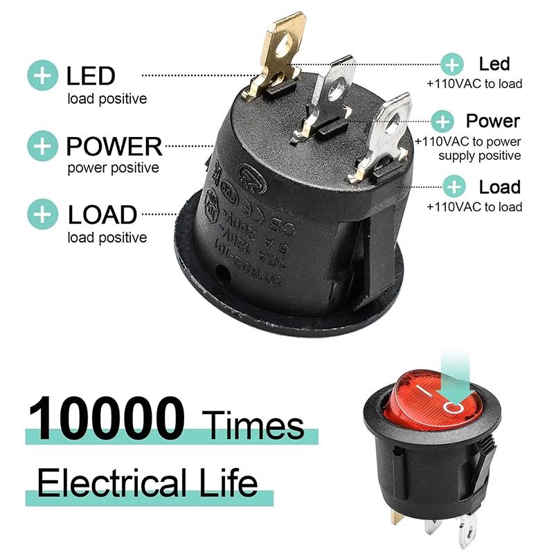 5 Stück Kcd1 Ein/Aus 3-Pin 2-Positionen Druckschalter 20A 12V Rote Grüne LED Rund Boot Kippschalter Mit LED Kleiner Kippschalter Für Auto