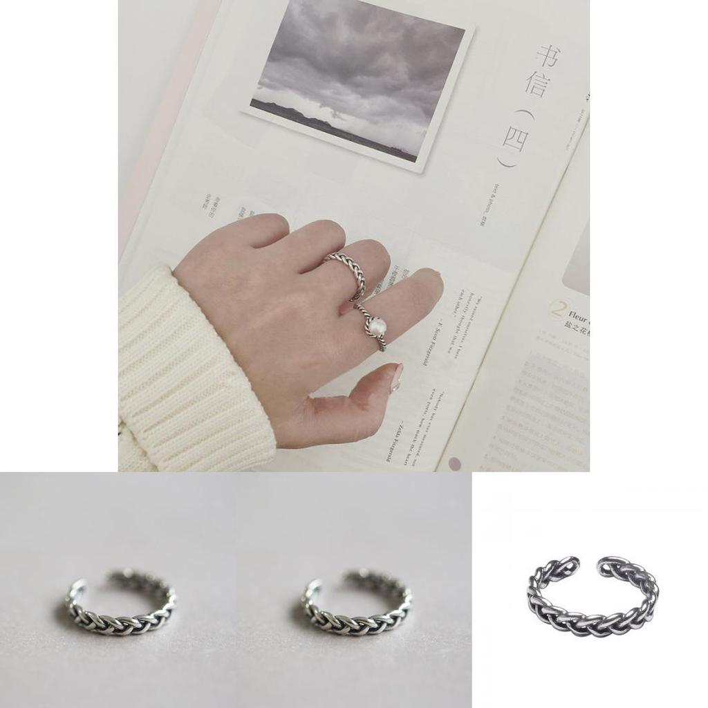 Sterling S925 Chic Silver Open Adjustable Ring With Retro Braided Design Women For