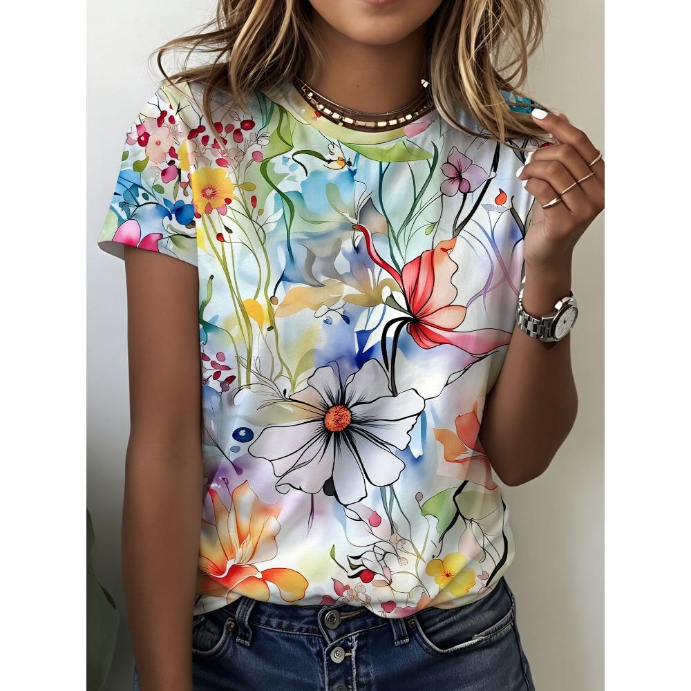 Summer soft light floral pattern round neck T-shirt