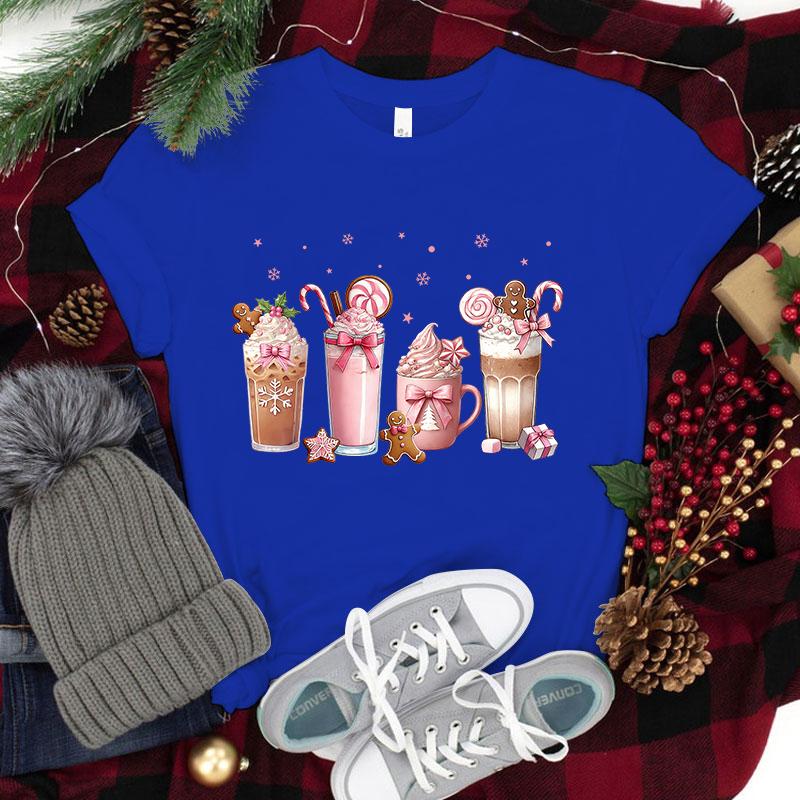 Funny Christmas Coffee Print Women Loose Short Sleeve Round Neck Top Female Casual