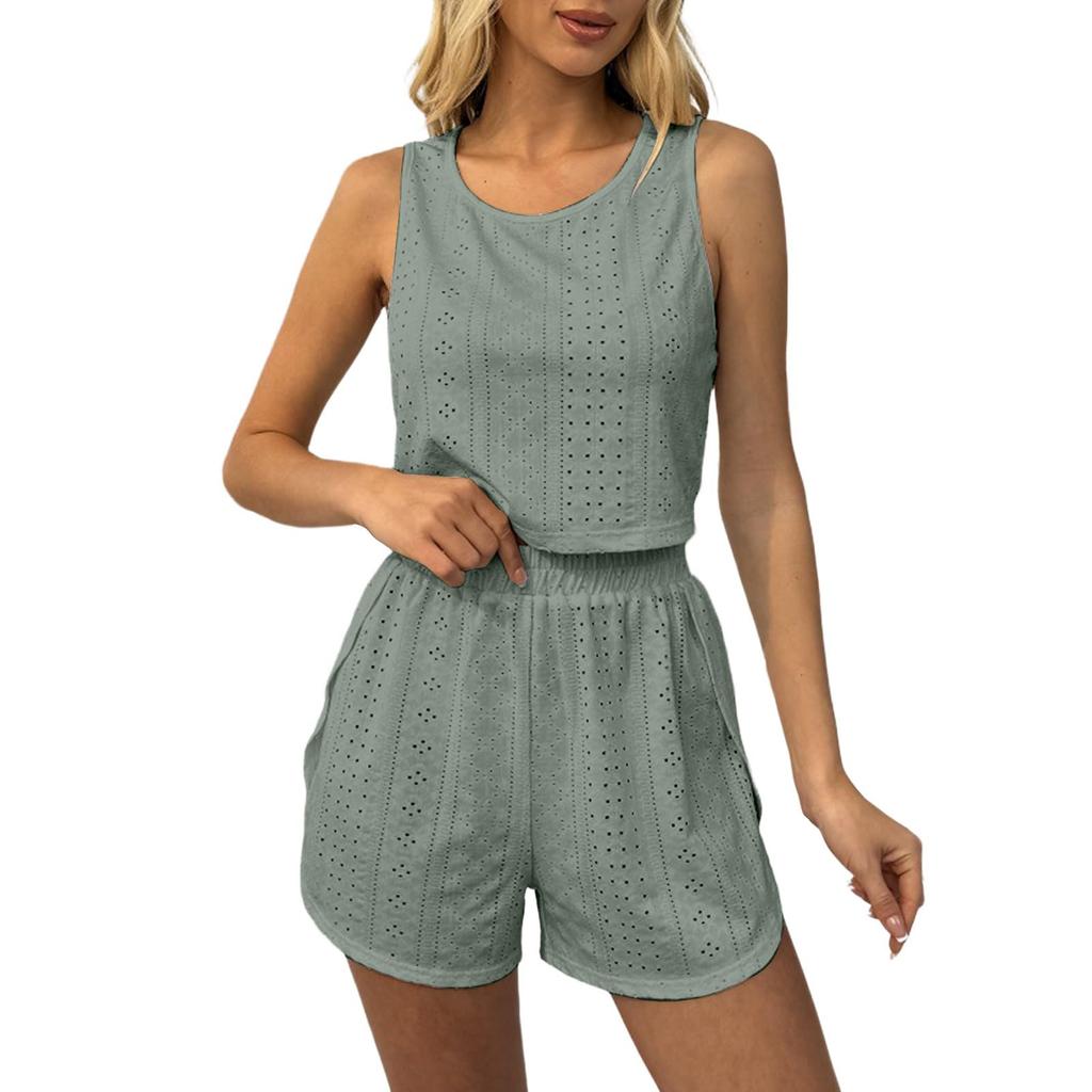 Women's Summer Fashion Sleeveless Vest Top Elastic Waist Shorts Casual Sports Two-piece Set
