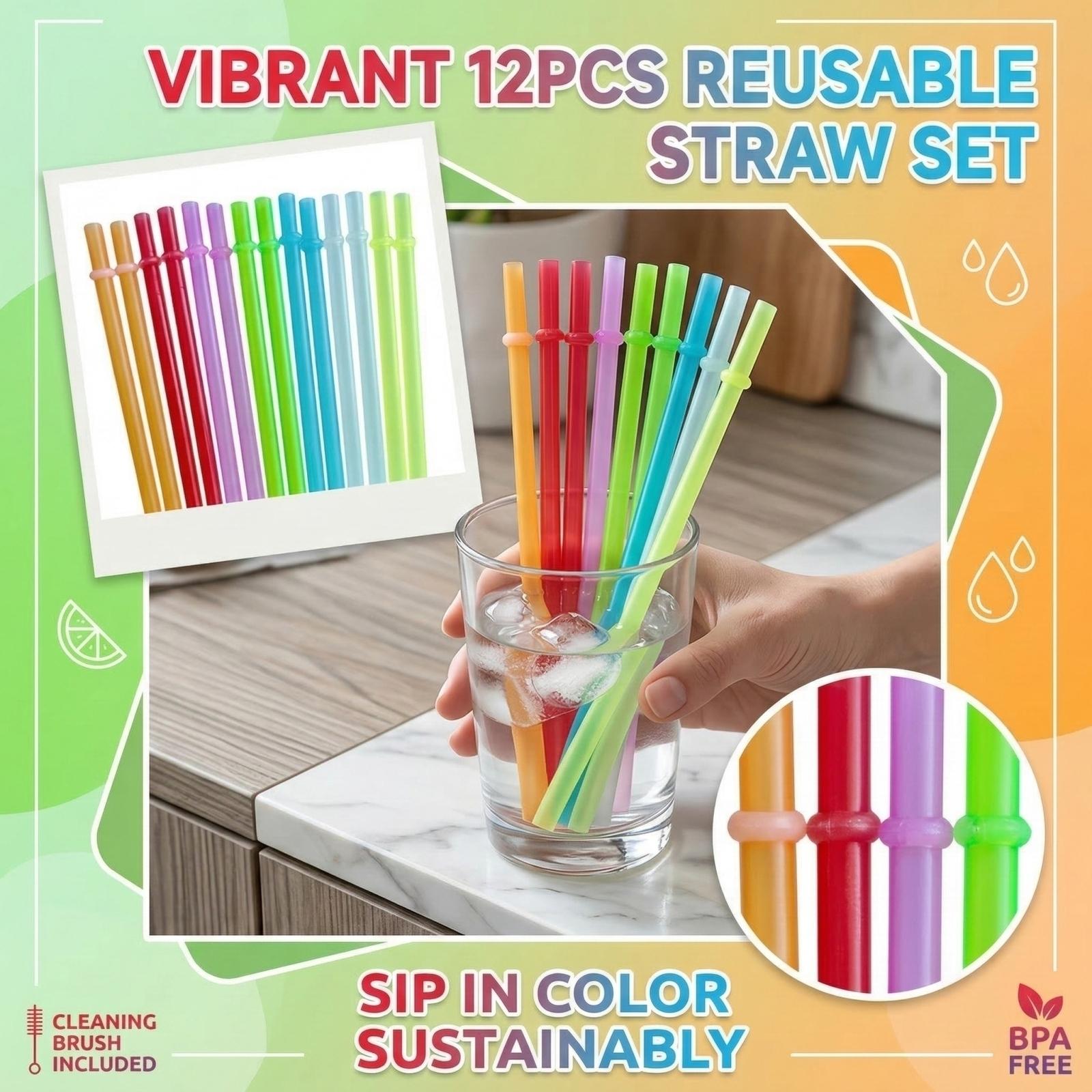 

12 шт. многоразовых пластиковых соломинок с кольцами One Size