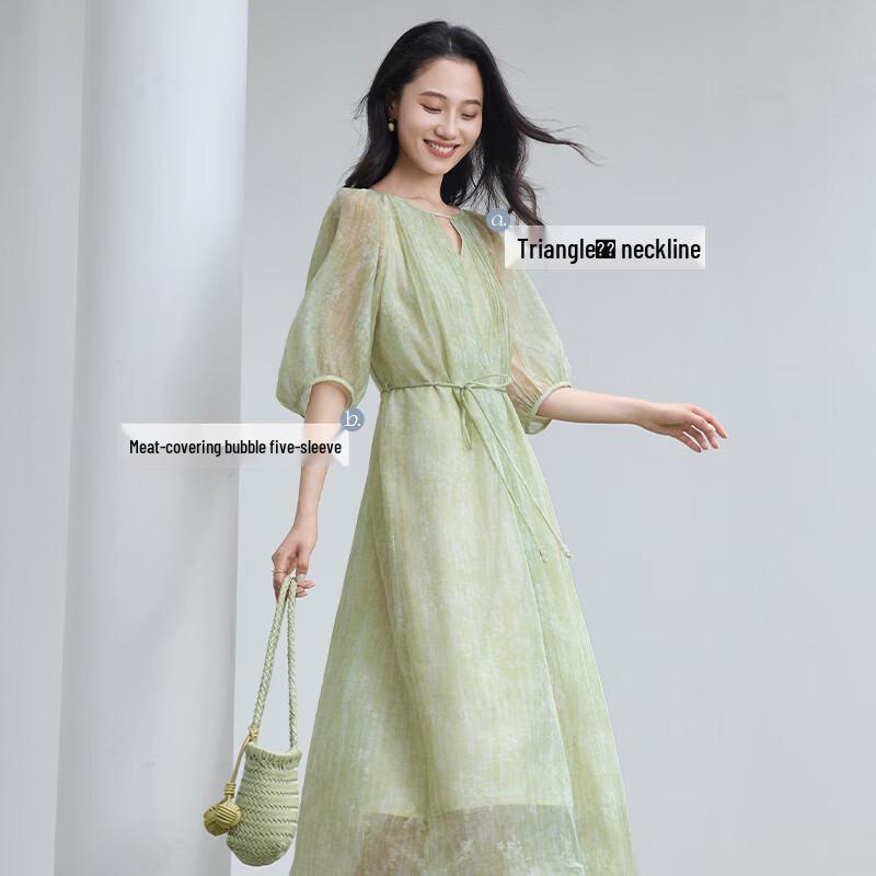 Xiangying Elegant Floral Print A-Line Midi Dress
