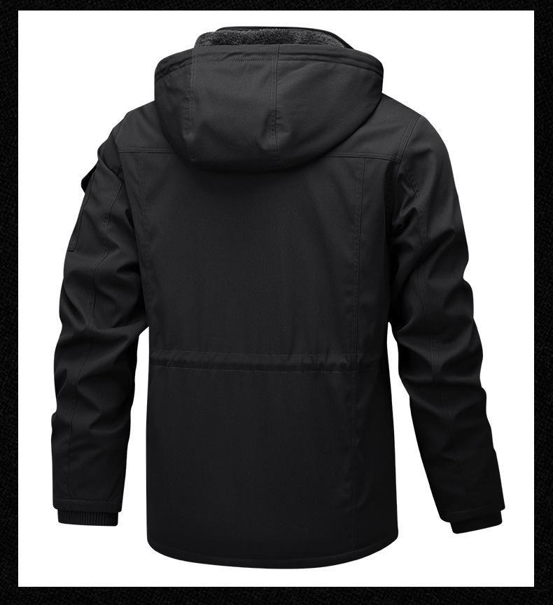 2026 Autumn/Winter Men's Hooded Thick Workwear Jacket, Plus Size, Velvet-Lined, Mid-Length Cotton.