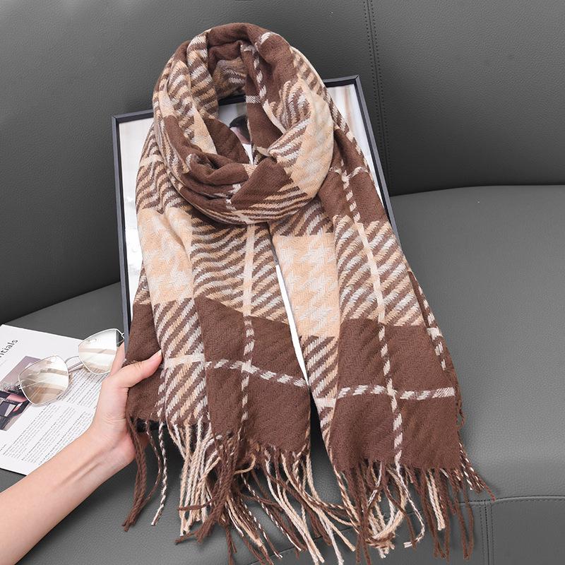Korean High-End Houndstooth Imitation Cashmere Tassel Scarf - Women’s Autumn Winter Warm Shawl Neck Warmer.