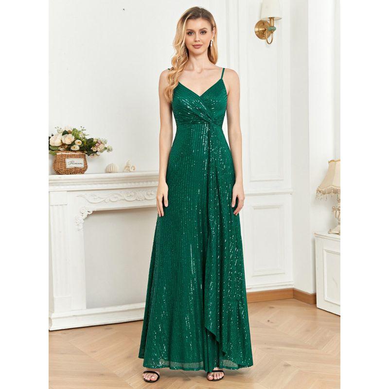 

Dress Cross-Border New Product V-Neck Sequin A-Line Evening Gown Party Wedding Bridesmaid European and American Style Spaghetti Strap Women s Dress Dark green XXL